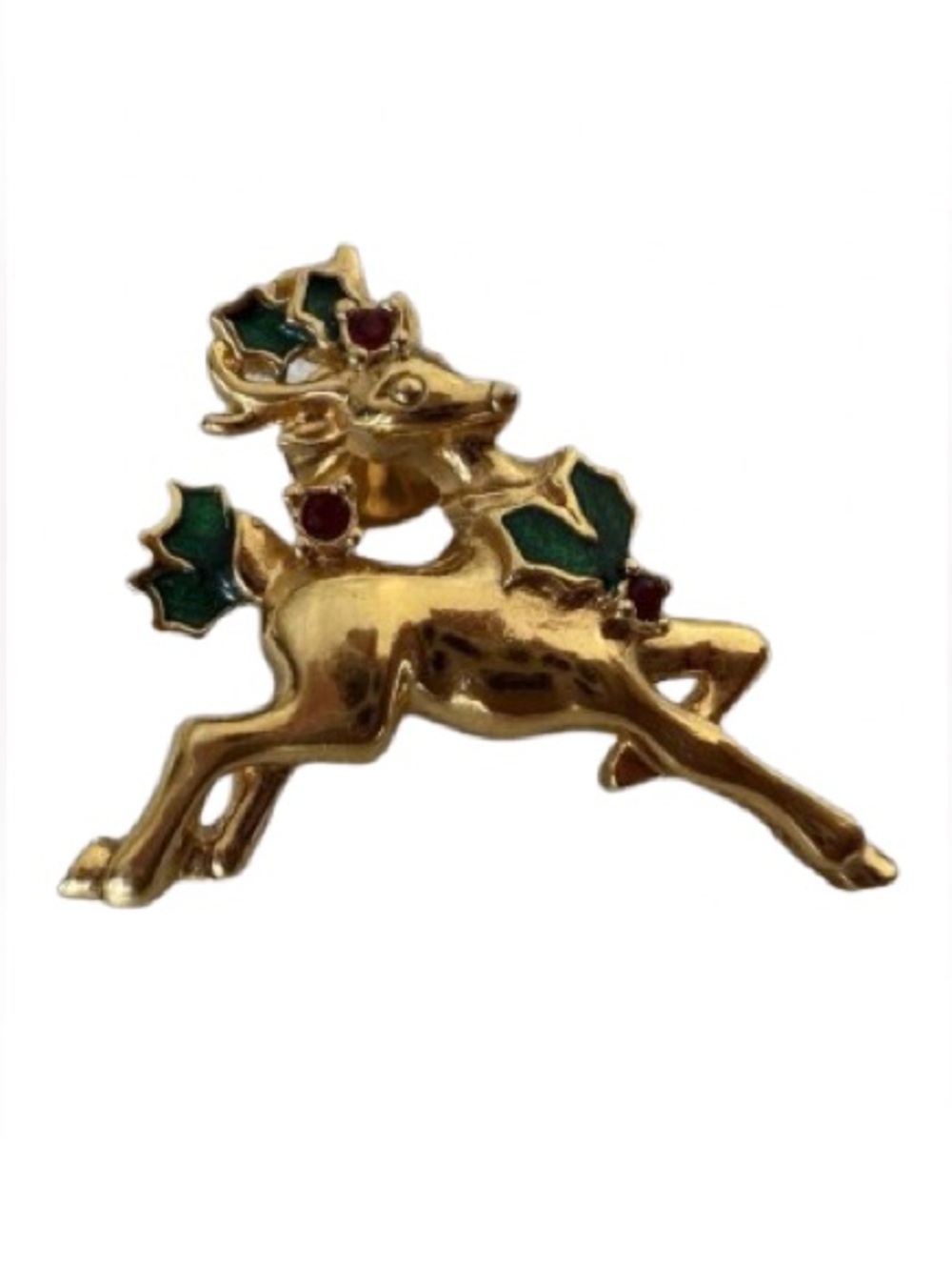 Vtg Avon Goldtone Reindeer Brooch Red Rhinestone Green Enamel Holly Lapel Pin